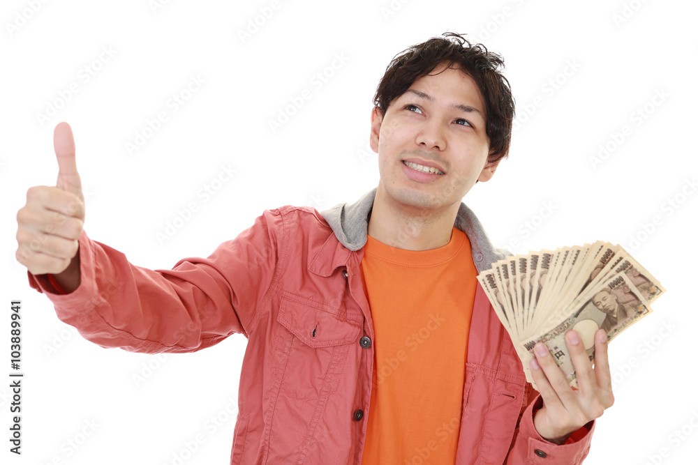 紙幣を持つ笑顔の男性 紙幣を持つ笑顔の男性