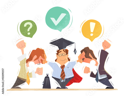 Lawyer trying to resolve conflict between two office people businessmens. Color vector character illustration.