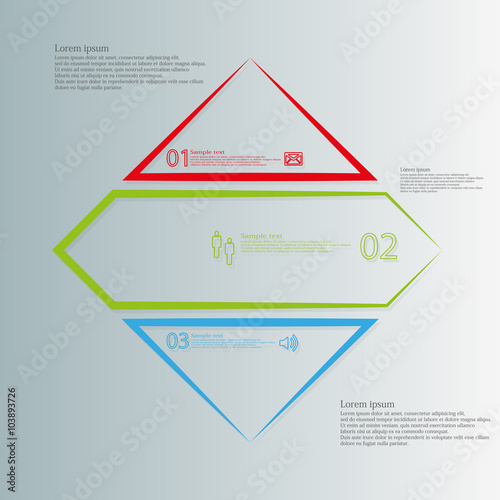 Infographic template with rhombus shape divided to three color parts