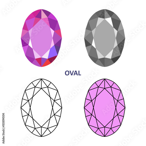 Low poly colored & black outline template oval gem cut