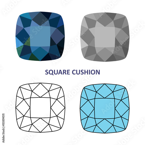 Low poly colored & black outline template square cushion gem cut