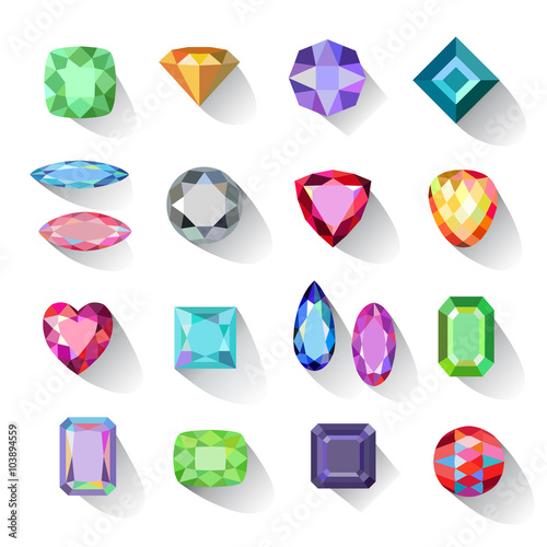 Flat style long shadow colored gems cuts icons