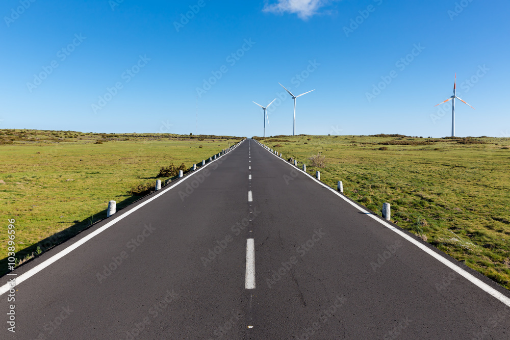 Road with wind turbines at Madeira Island, Portugal