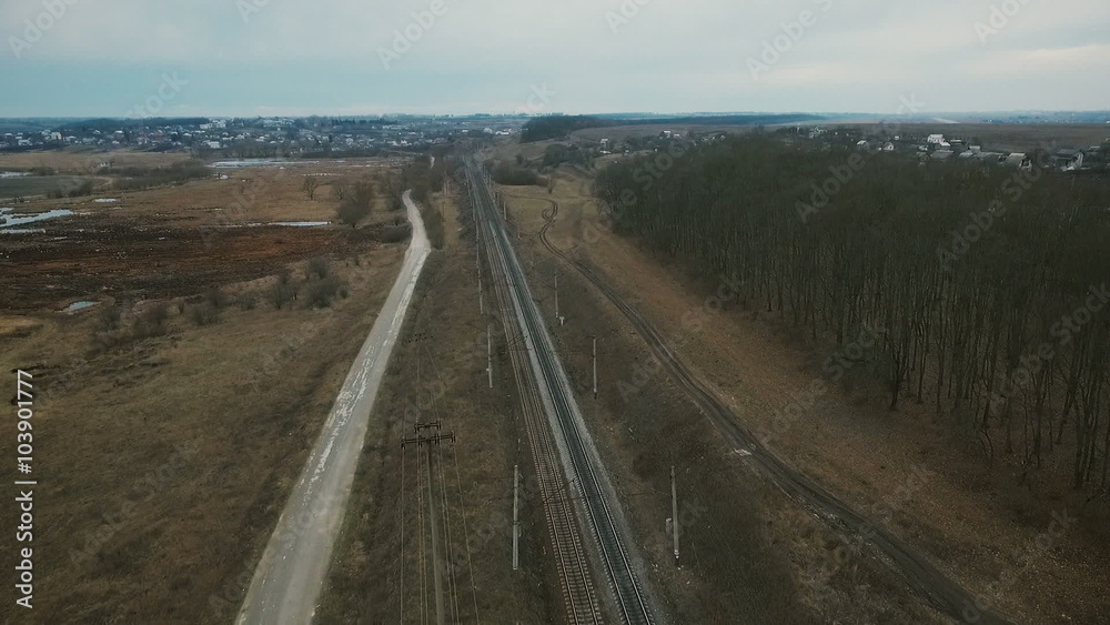 Aerial view: fields, roads, track, trees in the village in Ukraine Aerial view: fields, roads, track, trees in the village in Ukraine