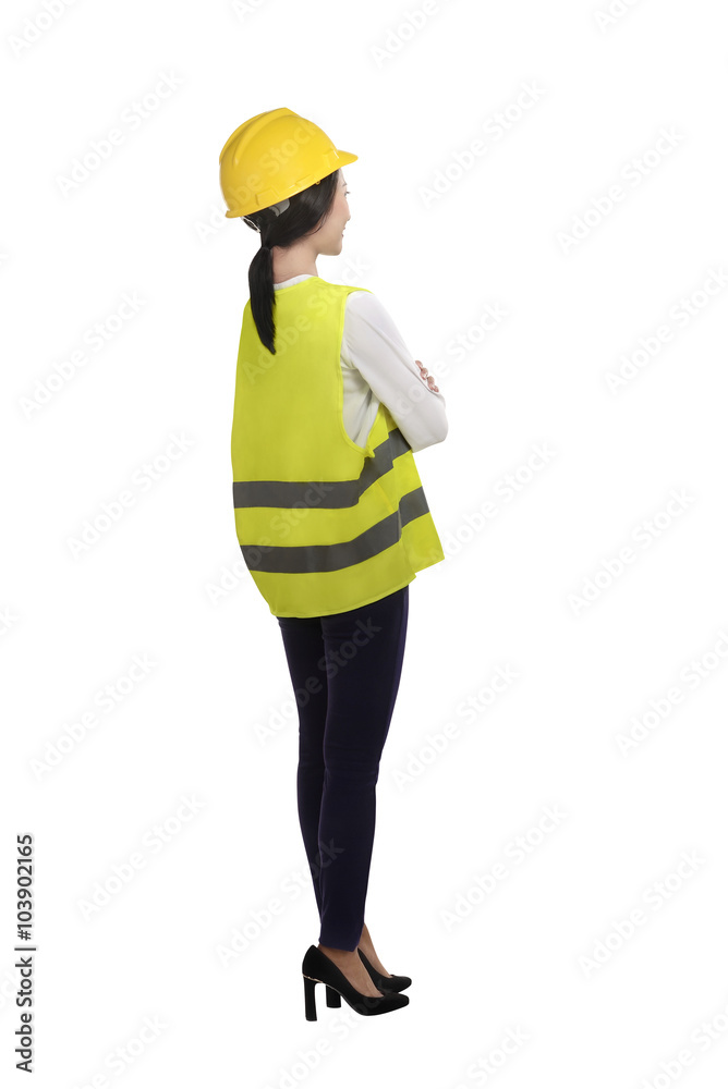 Asian woman wear had hat and safety vest Asian woman wear had hat and safety vest