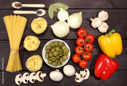 A set of ingredients for cooking pasta for Italian recipe