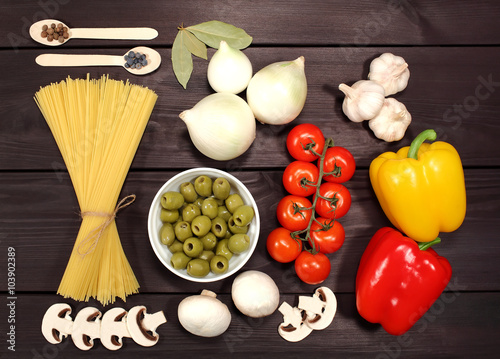 A set of ingredients for cooking pasta for Italian recipe