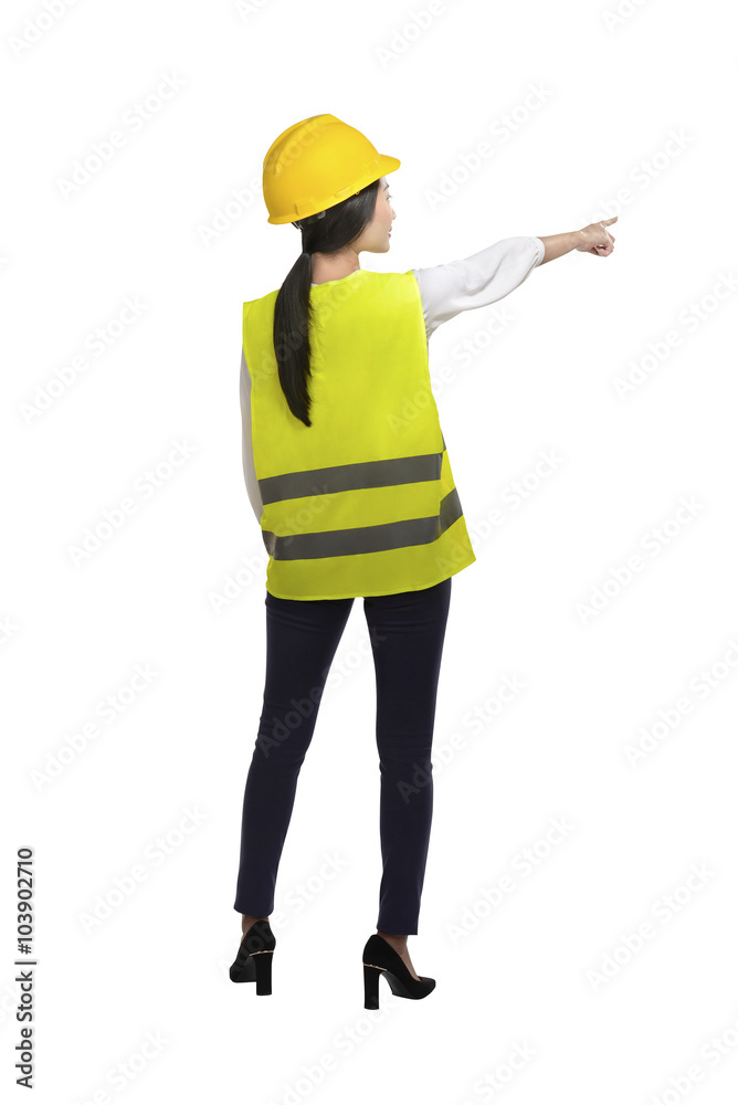 Asian woman wear had hat and safety vest Asian woman wear had hat and safety vest