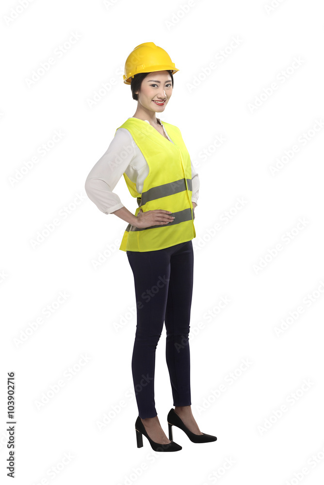 Asian woman wear had hat and safety vest Asian woman wear had hat and safety vest