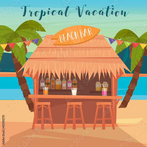 Tropical Vacation Banner with Beach Bar and Palm Trees