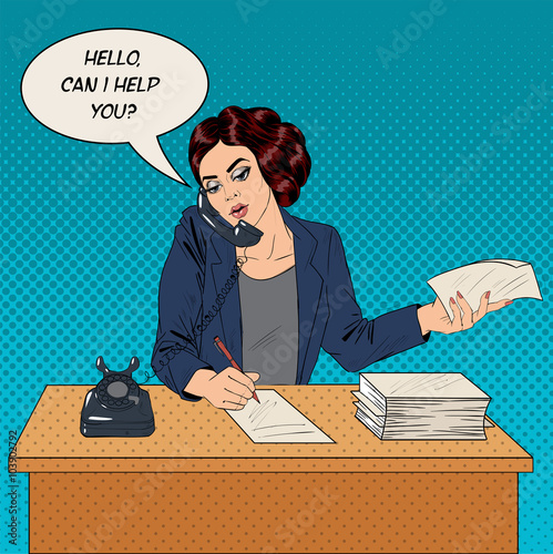 Businesswoman Pop Art Banner. Working Woman Speaking on the Phone