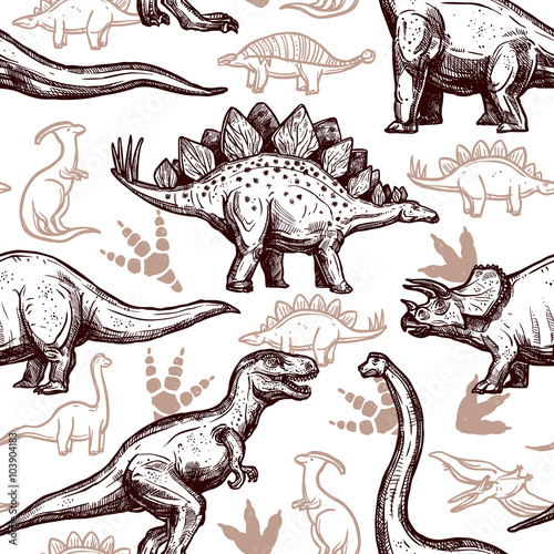 Fototapeta Naklejka Na Ścianę i Meble -  Dinosaurs footprints seamless pattern two-color doodle