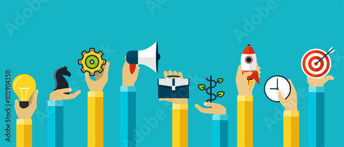 Hands with motivating icons to achieve the goal, success. Modern