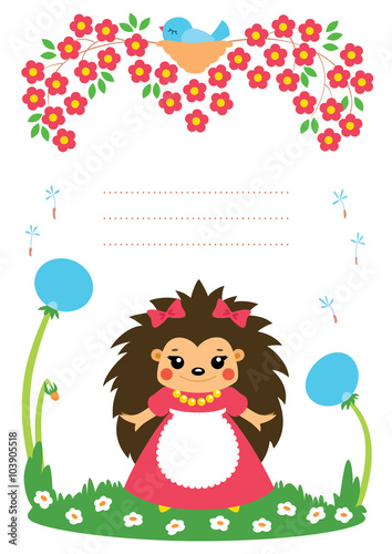 Cute card with hedgehog girl. Some blank space for your text included.