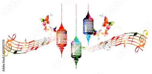 Colorful lamps for Ramadan with music notes