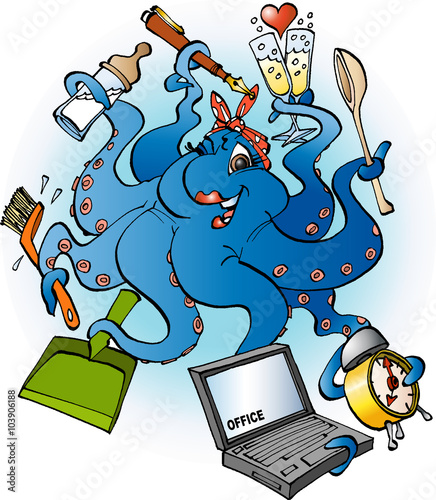 Vector cartoon illustration of a housewife caracter like an octopus