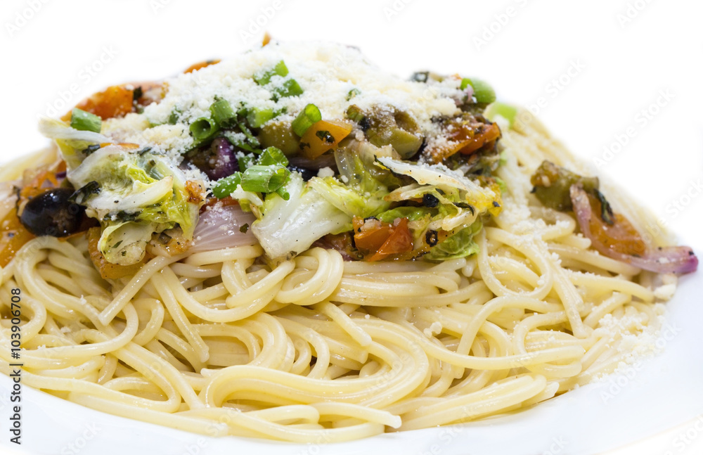 Spaghetti with vegetables and basil olives and cheese Spaghetti with vegetables and basil olives and cheese