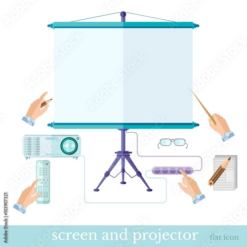 Flat business or education presentation illustration with equipment screen projector note console set on white