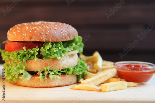 fresh tasty burger and french fries