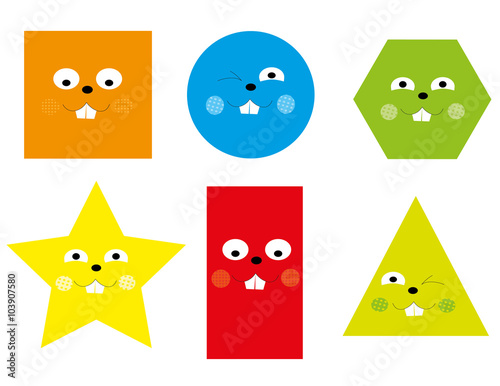 Obraz na płótnie Learning Set of funny basic geometric smiling cartoon shapes for children / vectors illustration for kids on white background w salonie
