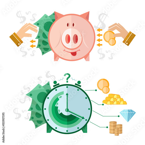 Set of flat design concept icons with piggy bank and clock money