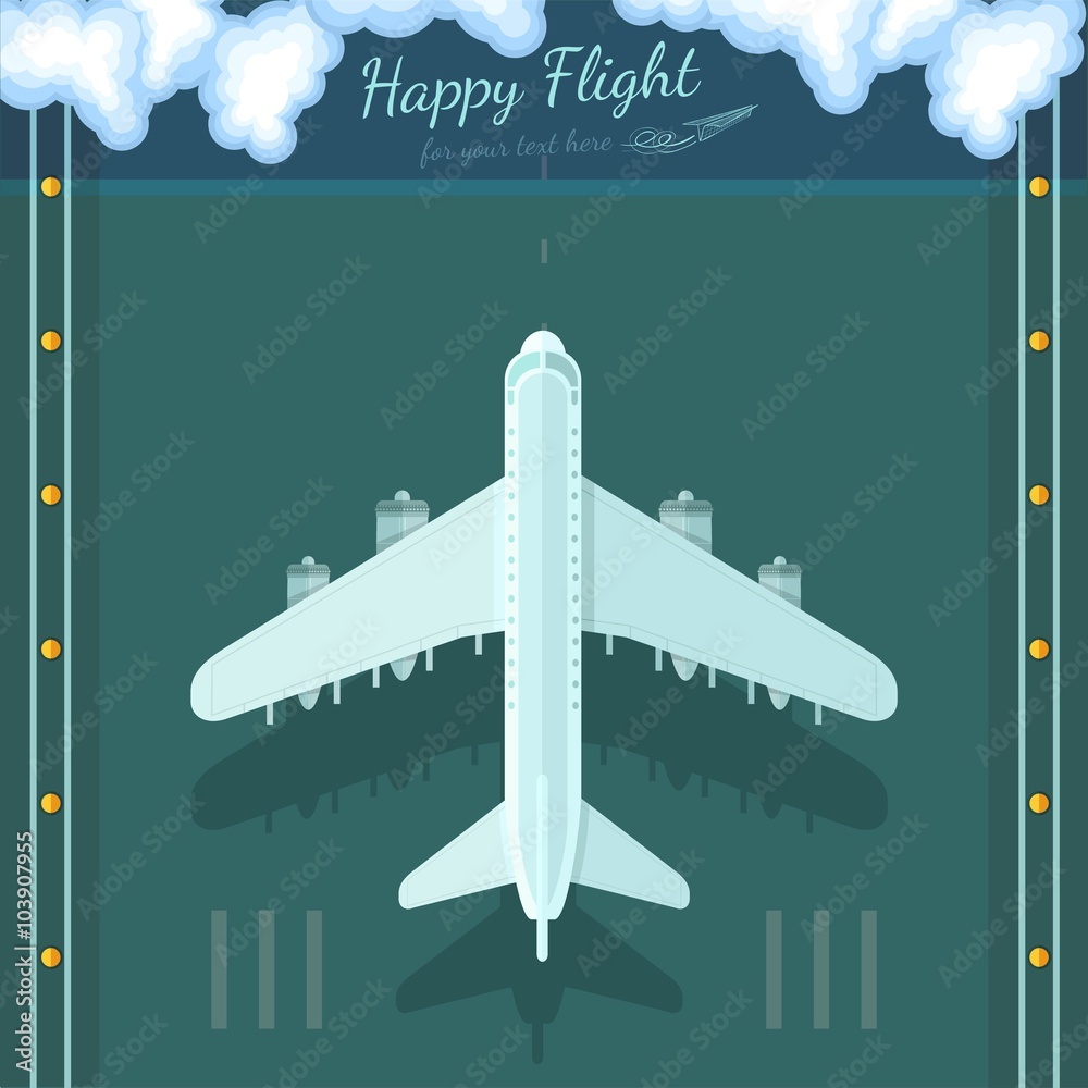 flat background with plane top view above runway