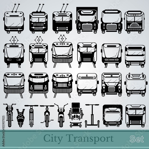 set of city transport front view black silhouettes