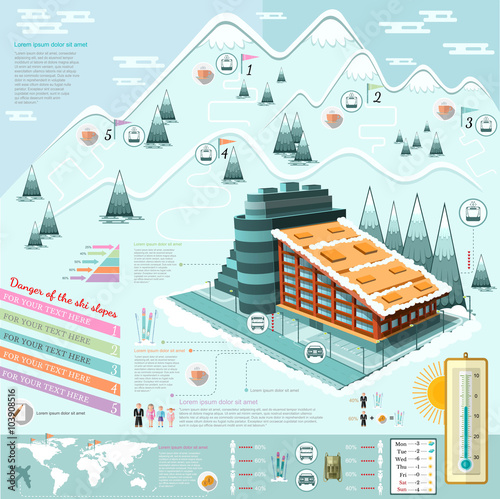 set of flat design ski resort infographics with hotel transportation and roots
