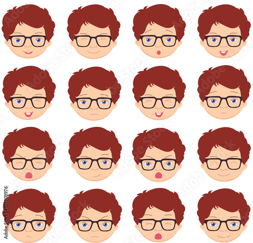 Boy with glasses emotions: joy, surprise, fear, sadness, sorrow,