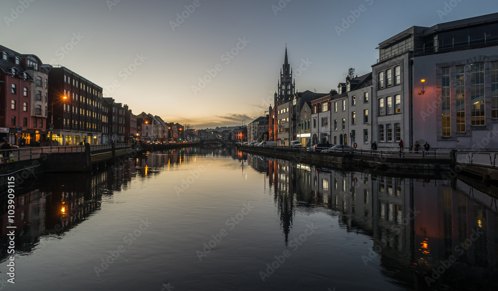 Cork city at dusk river reflection