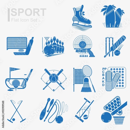 set of flat design sport icon with isolated blue silhouette sport inventory and sports equipment