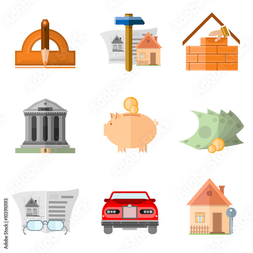 Set of flat icon design and buiding house ern and multiply money and result