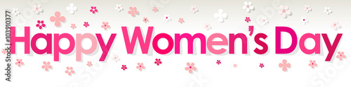 Happy Women's Day banner pink with Flowers on a white grey background.