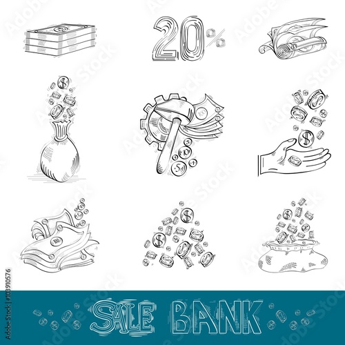 set of engraving financial fkat icon witn money and coin bag of money bank note and note