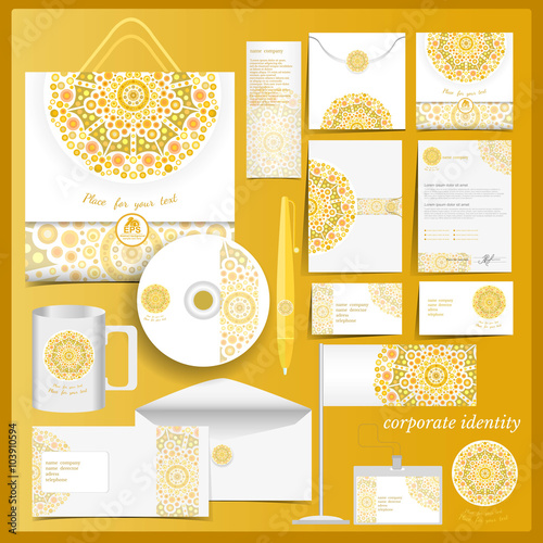 White corporate identity template with yellow mosaic elements.Vector company style for brandbook and guideline