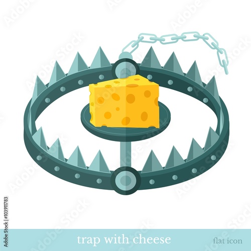 flat icon trap with piece of cheese isolated on white