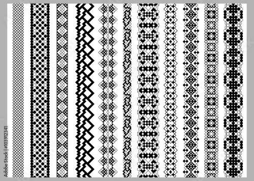 Asian or american  border decoration elements patterns in black and white colors. Popular ethnic border in one mega pack set collections. Vector illustrations. Could be used as divider, frame, etc