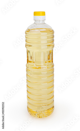 Sunflower oil in bottle isolated on white background with clipping path