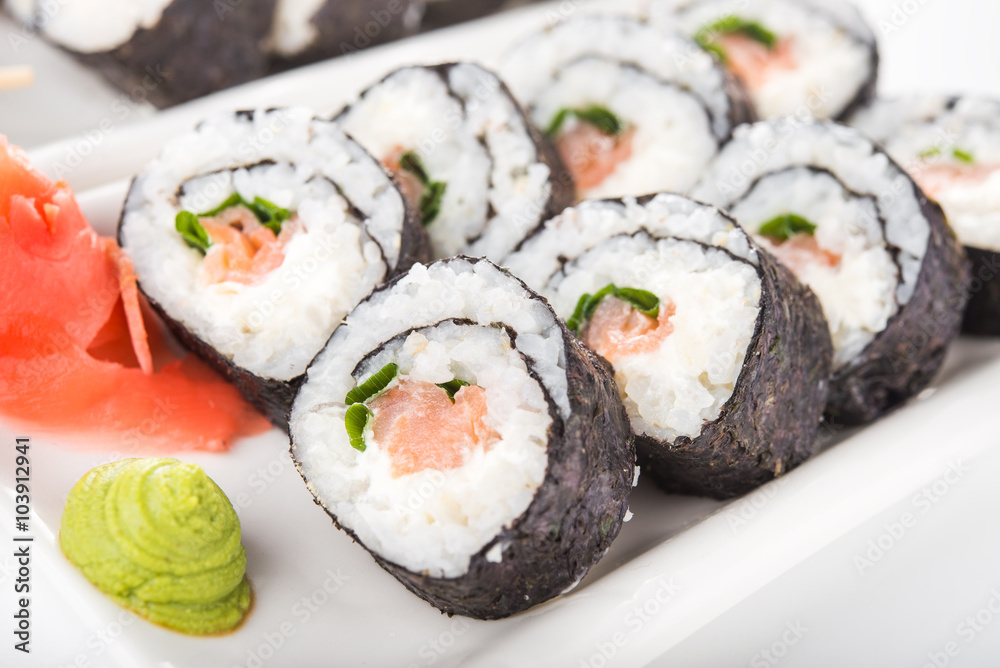 Closeup of sushi rolls with salmon Closeup of sushi rolls with salmon