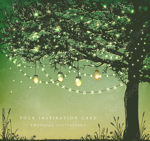 Inspiration card for wedding, date, birthday, tea and garden party.  Decorative holiday lights