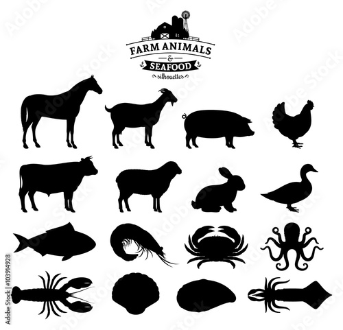 Vector Farm Animals and Seafood Silhouettes Collection