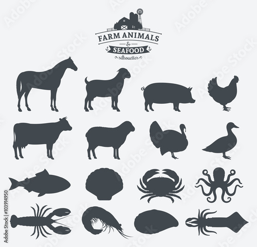 Vector Farm Animals and Seafood Silhouettes Collection
