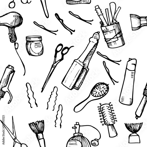 Hand drawn illustration - Hairdressing tools. Pattern