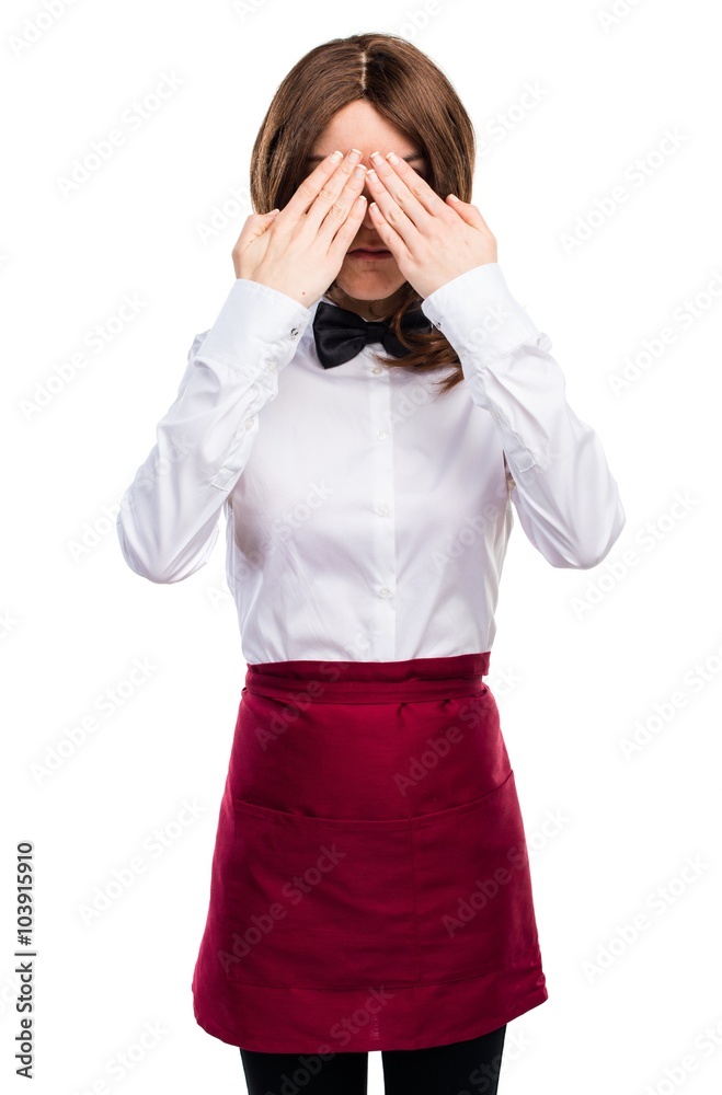 Waitress covering her eyes Waitress covering her eyes