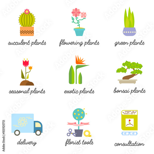 Set of colorful flat icons for Flower or Florist shop.