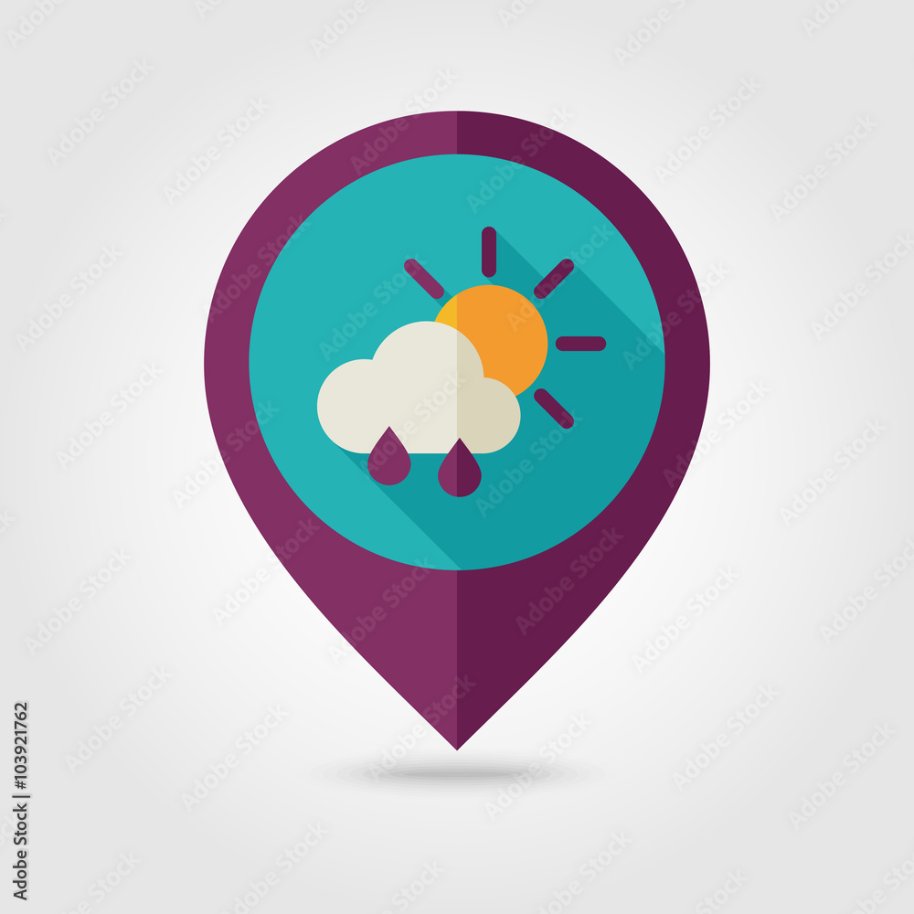 Sun Rain Cloud flat pin map icon. Weather 