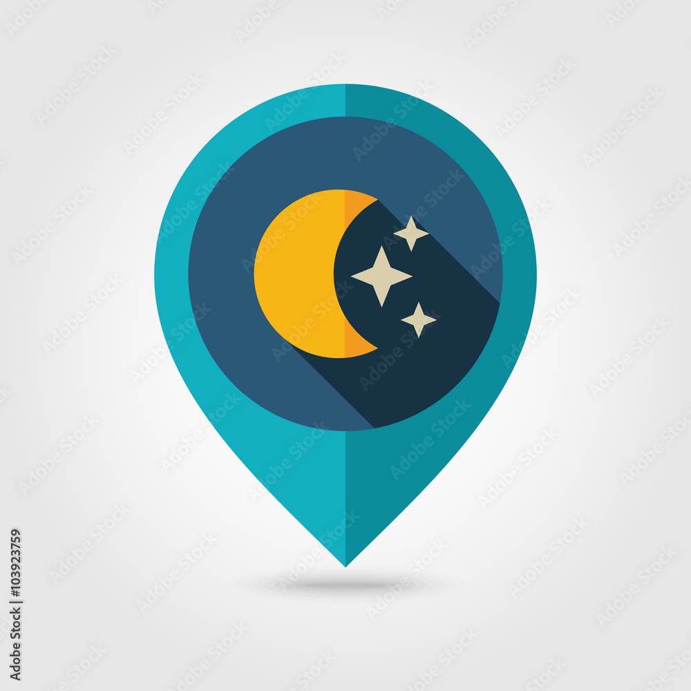 Moon and stars flat pin map icon. Weather 