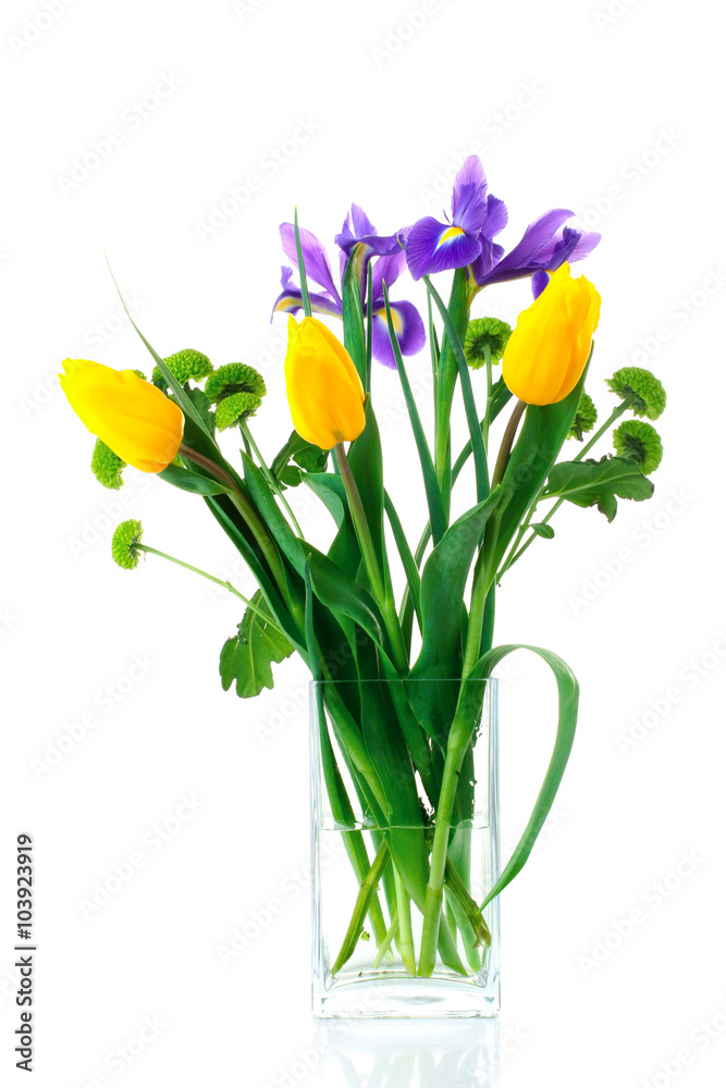 green chrysanthemums and yellow tulips with purple flower in white vase on an isolated background green chrysanthemums and yellow tulips with purple flower in white vase on an isolated background