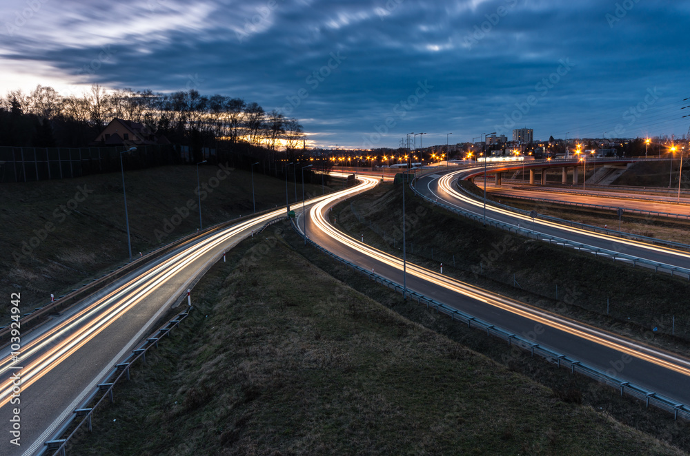 car light trails on motorway junction