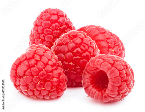 Five ripe raspberries isolated on white background with clipping path
